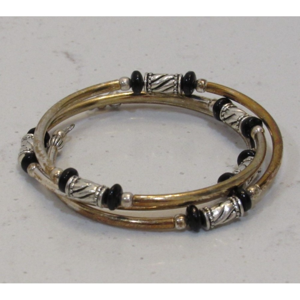 Mixed‎ Metal Coil Wrap Bracelet Silver Gold Tone Black Beads Southwestern Boho